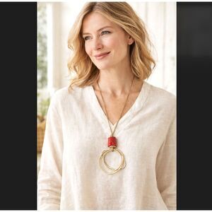 J Jill Red Bead Pendant Necklace Hammered Triple Circle Boho Artisan Adjustable